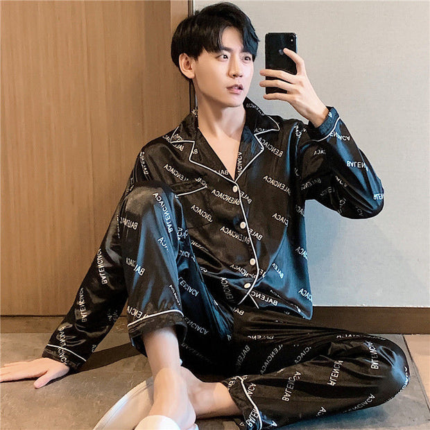 Ice silk long sleeved pajamas for men