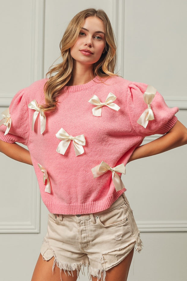 BiBi Ribbon Bow Detail Puff Sleeve Sweater