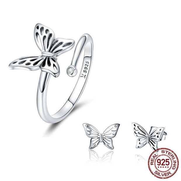 Sterling Silver Jewelry Set Vintage Butterfly Rings & Earrings Jewelry