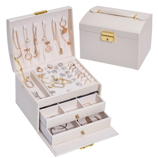 Three Layer Leather Drawer Jewelry Box Light Luxury Earrings