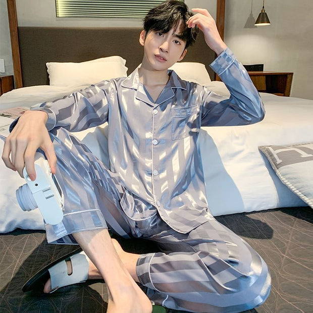 Ice silk long sleeved pajamas for men